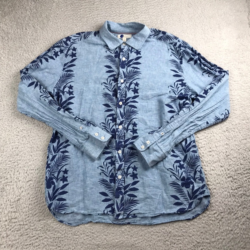 Boden Button Up Shirt Mens XL Blue Tropical Floral Linen Cotton LS Coastal Beach
